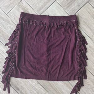 POL Burgundy Fringe Lace-Up Mini Skirt
